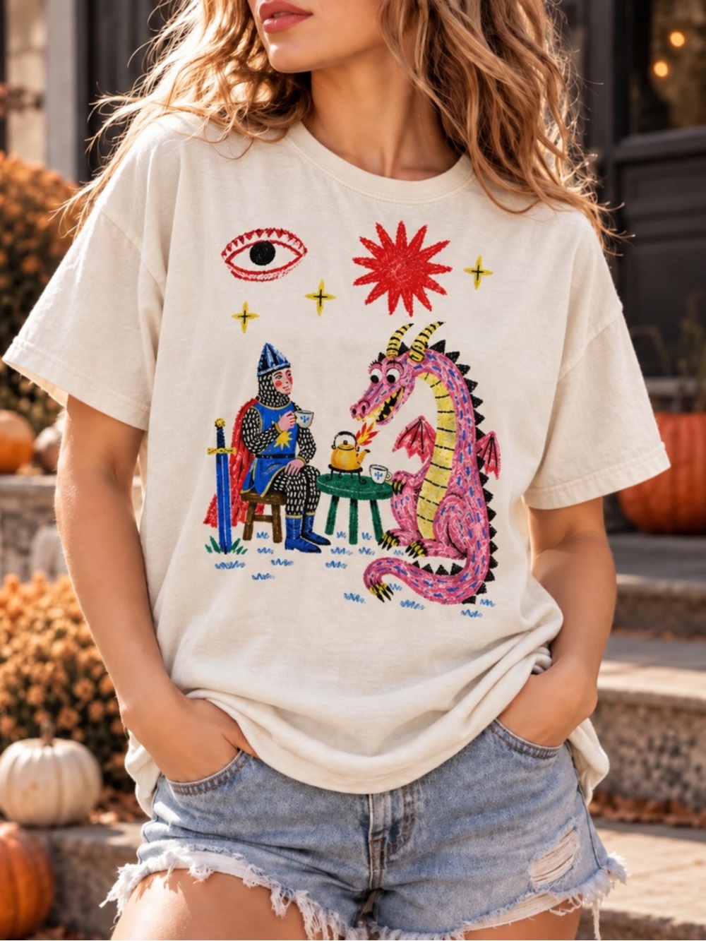Knight and Dragon Tea Party Graphic T-Shirt White Unisex